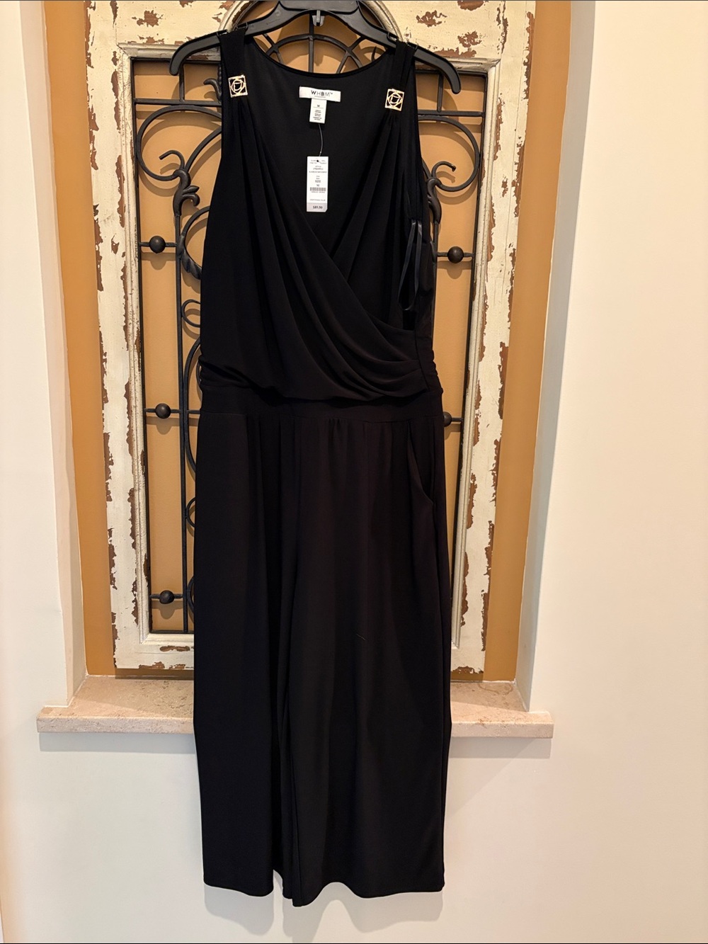 White House Black Market Black Sleeveless Faux-Wrap Jumpsuit with Gold Hardware